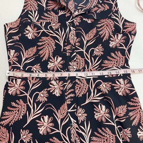 Banana Republic Navy Blue Coral Floral Midi Button Down Tie Waist Sleeveless Shi - Picture 6 of 10